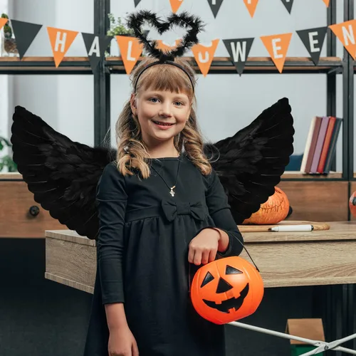 Vista 5 de Angel Wings and Halo Headband Set Black Feather Angel Wings Angel Halo Headband and Angel Wand for Kids Girls Halloween Party Costume