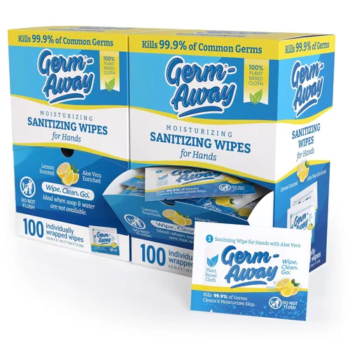 Vista 12 de Toallitas de mano antibacterianas grandes envueltas individualmente, toallitas sanitadoras de manos de tamaño viaje con aloe en caja dispensadora