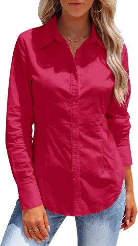Vista 14 de Button Down Shirts for Women Long Sleeve Dress Shirts Collared Work Wrinkle Free Office Solid Blouses Fitted Tops