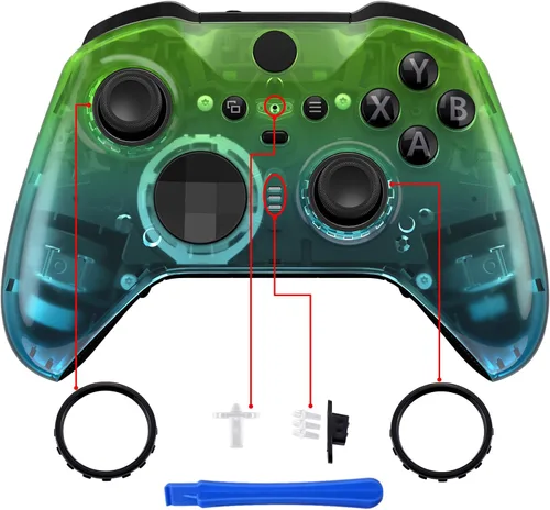 Vista 4 de eXtremeRate Gradient Translucent Green Blue Front Housing Shell Case Replacement Kit for Xbox One Elite Series 2, Xbox Elite 2 Core Controller