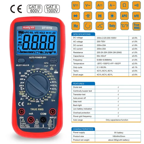 Vista 3 de Multímetro automotriz, True RMS CAT III 600V, probador de voltaje/corriente CA/CC, temperatura/frecuencia/ohmio/ciclo de trabajo, prueba de ángulo