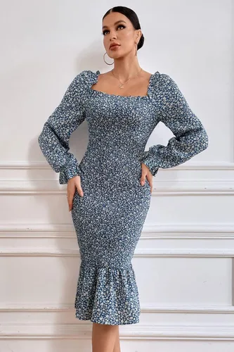 Vista 3 de PRETTYGARDEN Vestido midi de manga larga abombada floral para mujer cuello cuadrado volantes vestido fruncido de sirena