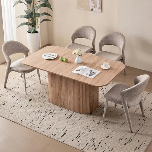 Vista 12 de Juego de 4 mesas de comedor grandes de 63 pulgadas para 4, esquinas redondeadas, mesa de cocina rectangular moderna de madera con sillas Boucle