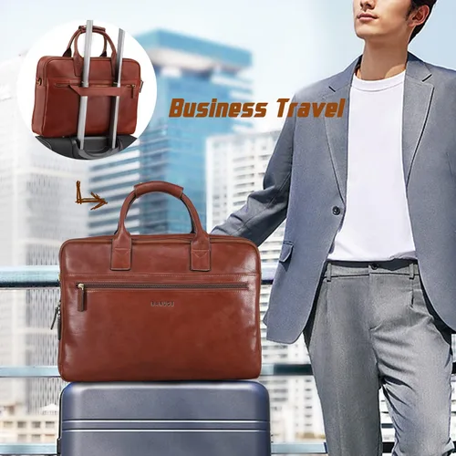 Vista 6 de Banuce Full Grains - Maletín de cuero italiano para hombre, funda para laptop de 14 pulgadas, bolsa de mensajero para negocios