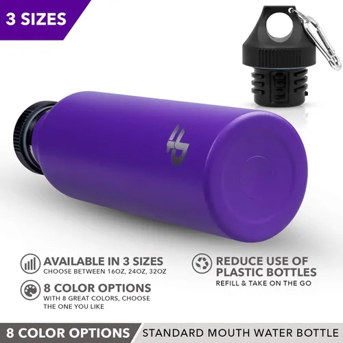 Vista 4 de Day 1 Fitness - Botella de agua de acero inoxidable con boca estándar, mosquetón, (16, 24 o 32 oz) 3 tamaños, 8 colores y opciones de paquete