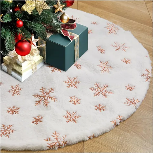 Vista 15 de Falda de árbol de copos de nieve de oro rosa de 24 pulgadas, faldas de árbol de piel sintética blanca, mini faldas de árbol de Navidad, tapete