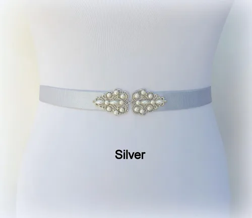 Vista 8 de Black Elastic Silver Jeweled Pearl Dress Belt, Sizes XS to 3XL
