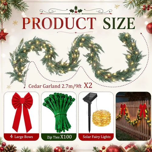 Vista 2 de Knitgrip 2 piezas de decoraciones de valla de Navidad de 9 pies en total de 18 pies con luz solar, guirnalda de cedro de Navidad al aire libre con 4