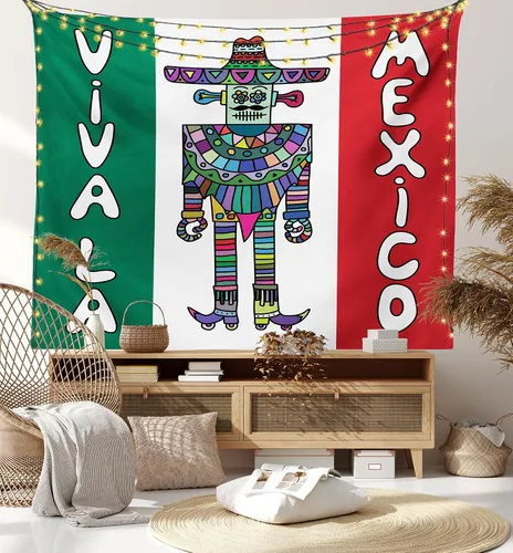 Vista 7 de Lunarable Tapiz mexicano, robot mexicano con sombrero y poncho sobre bandera mexicana, impresión de fondo de color, decoración colgante de pared