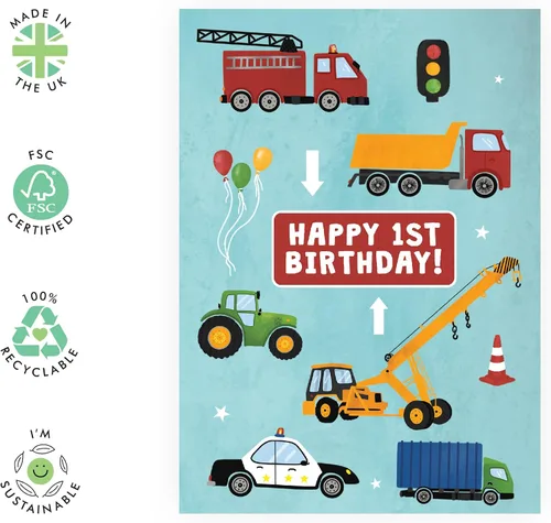 Vista 2 de CENTRAL 23 Tarjeta colorida de primer cumpleaños para niños – Feliz primer cumpleaños – Edad 1 – 1 año – Tarjeta de felicitación de camión y coche