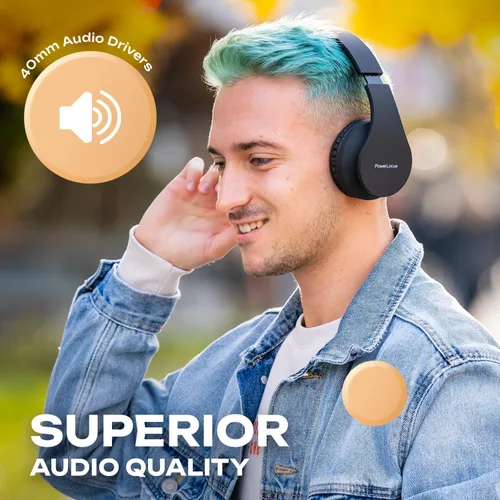 Vista 3 de PowerLocus - Audífonos inalámbricos Bluetooth para usar sobre las orejas, estéreo, plegables, con cable y micrófono incorporado para iPhone