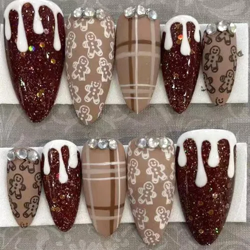 Vista 41 de 24 piezas de uñas postizas de punta francesa a presión, uñas postizas medianas en forma de almendra con diseño de ondas azul oscuro, uñas postizas