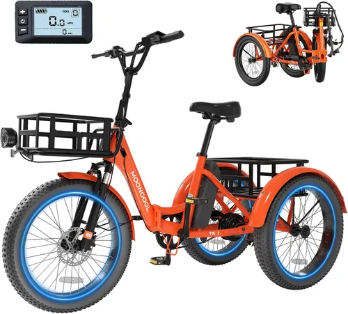 Vista 11 de MOONCOOL Triciclo eléctrico para adultos, 500 W/750 W 48 V, triciclo eléctrico plegable de potencia máxima 1100 W, neumático grueso de 20 x 3.0