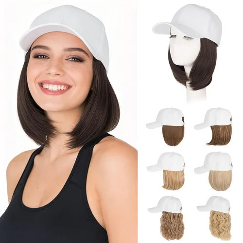 Vista 51 de Hairro Peluca de gorra de béisbol con cabello adjunto, corto estilo Bob ajustable, extensiones de cabello sintético para mujeres, balayage