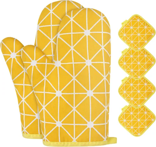 Vista 10 de AUAUY Guantes de horno y soportes para ollas Juego de 6 piezas, guantes de cocina resistentes al calor de 392°F y almohadillas térmicas Guantes