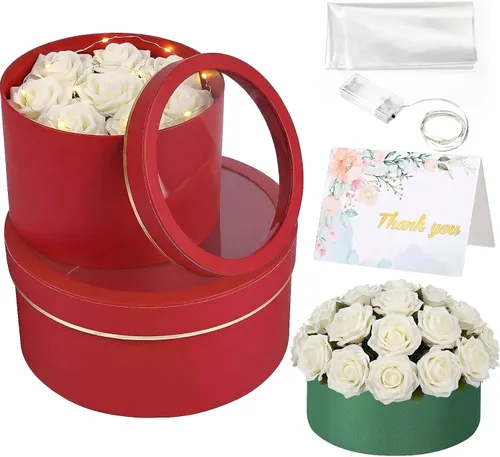 Vista 8 de Nuenen 2 cajas de regalo redondas con tapas, luz LED de espuma floral, tarjetas de felicitación florales, arreglos florales, suministros para San