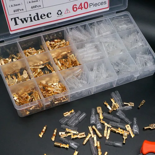 Vista 7 de Twidec/640 piezas 2.8/4.8/6.3mm Conectores de Terminal de Pala de Alambre Macho y Hembra de Empalme Rápido Kit Dorado con Alicates de Prensado