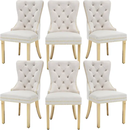 Vista 10 de Juego de 2 sillas de comedor, patas de metal dorado, anillo de león sofisticado, color beige Beige (oro)