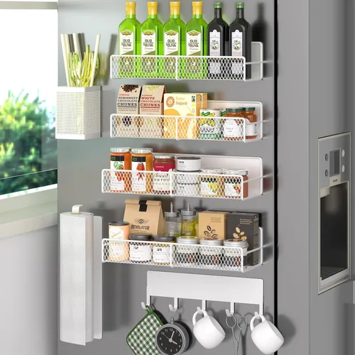 Vista 31 de Estante magnético para especias para refrigerador, paquete de 7 estantes magnéticos fuertes 100% de metal, organizador de especias con soporte