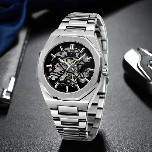 Vista 7 de Tiong Reloj de pulsera mecánico de acero inoxidable de esqueleto de lujo, resistente al agua, negro, automático, para hombre