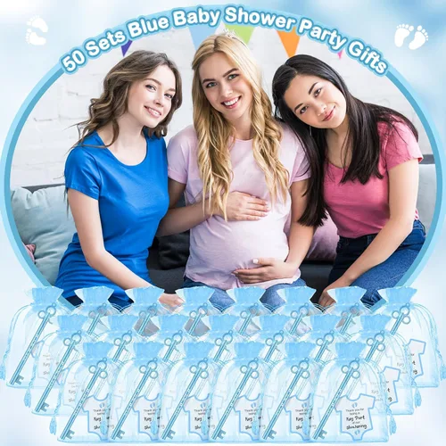 Vista 6 de Geyoga 50 juegos de recuerdos de fiesta de baby shower, 50 bolígrafos elegantes con forma de llave, bolígrafos de tinta de gel, 50 tarjetas de Azul
