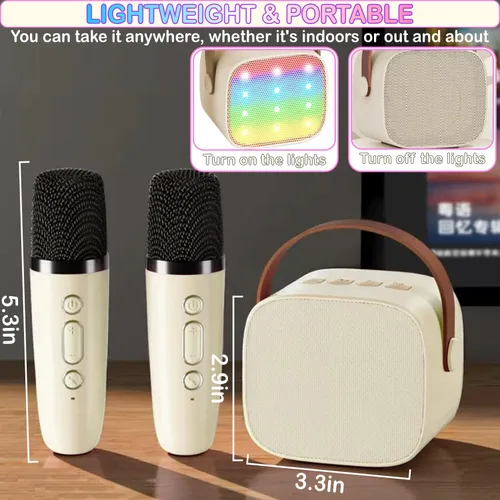 Vista 6 de Mini máquina de karaoke para niños y adultos, juguetes para niños y niñas, regalos para niñas y niños, altavoz Bluetooth con 2 micrófonos Beige