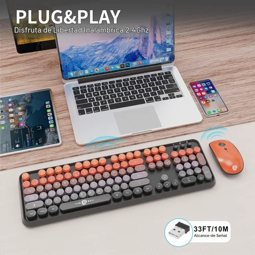 Vista 2 de FOPETT Combo de teclado y mouse inalámbricos, 2.4G de tamaño completo, lindo mouse y teclado coloridos con 104 teclas redondas, teclado retro