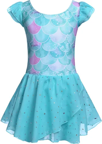 Vista 8 de Arshiner - Vestido de baile de ballet con mangas con volantes, leotardo de tutú con ruedo para niñas Lila