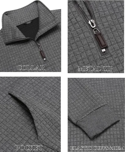 Vista 5 de COOFANDY Sudadera con cremallera de un cuarto para hombre, manga larga, color liso, a cuadros, jacquard, con bolsillo