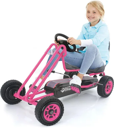 Vista 8 de Hauck Lightning Go Kart con pedal para niños de 4 a 8 años, asiento de cubo ajustable, ruedas de plástico con perfil de goma, freno de mano para Rosa