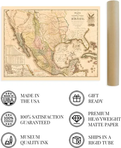 Vista 4 de HISTORIX Póster vintage de 1847 con mapa de México, mapa vintage de Estados de México, 18 x 24 pulgadas, arte de pared de Mapa de México, Mapa