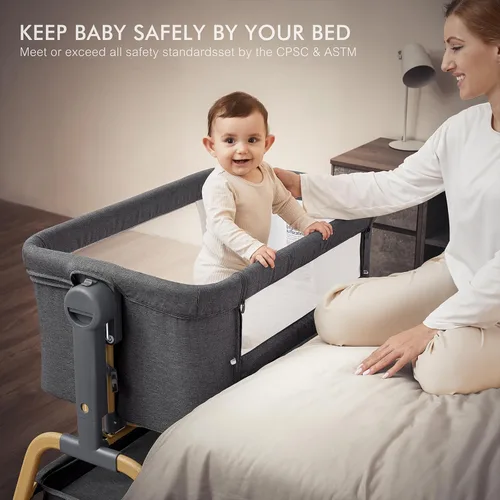 Vista 6 de ANGELBLISS Cuna de bebé 3 en 1, Cunas mecedoras para dormir al lado de la cama con colchón cómodo y ruedas, 6 alturas ajustables, plegable fácil