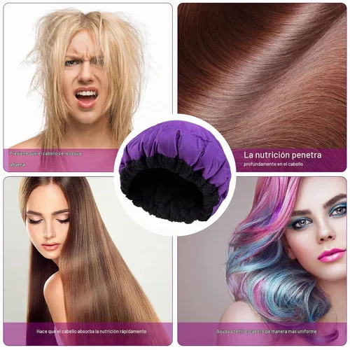 Vista 3 de Gorro térmico para microondas de acondicionamiento profundo para peinar y tratar el cabello al vapor, terapia de cuidado del cabello (morado)
