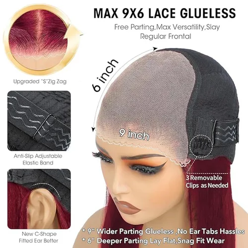 Vista 4 de Daphernew Pelucas de cabello humano ondulado sin pegamento, precortadas, densidad del 180 %, encaje frontal HD, color rojo cereza, peluca de cabello