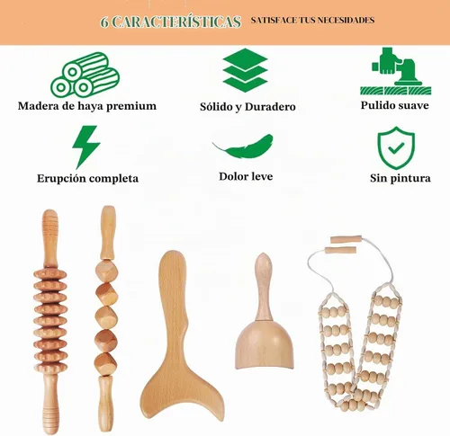 Vista 4 de Herramientas de masaje de terapia de madera, kit profesional de maderoterapia, herramientas de escultura corporal para drenaje linfático