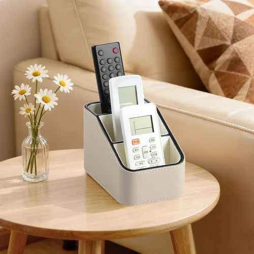 Vista 3 de Soporte para control remoto de piel sintética, organizador de escritorio pequeño, suministros de oficina, mesita de noche para mesa auxiliar, Beige