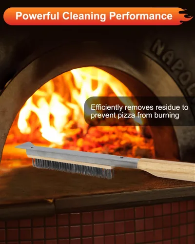Vista 3 de Juego de 2 accesorios para horno de pizza, cepillo para pizza, rastrillo de ceniza con mango de madera de caucho, cepillo de horno de pizza duradero