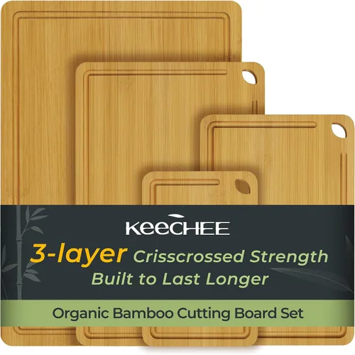 Vista 14 de Keechee Tabla de Cortar de Madera para Cocina - Juego de Regalo de 3 Tablas de Cortar Reversibles de Bambú con Ranura para Jugos, Tabla de Cortar