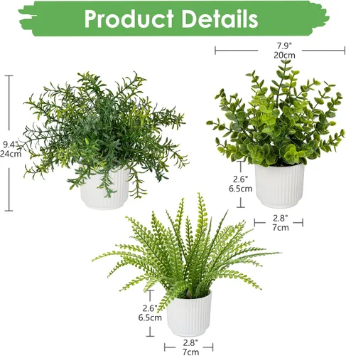 Vista 2 de Hollyone Paquete de 3 plantas artificiales en macetas, plantas artificiales pequeñas de eucalipto, romero, helecho boston, vegetación, decoración