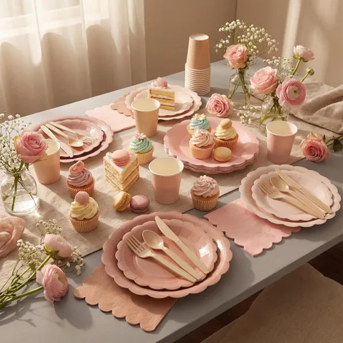 Vista 4 de Yaomiao Juego de vajilla desechable de 175 piezas de platos de papel marrón con cuchillo de plástico, cuchara, tenedor, cuchara, decoración de boda