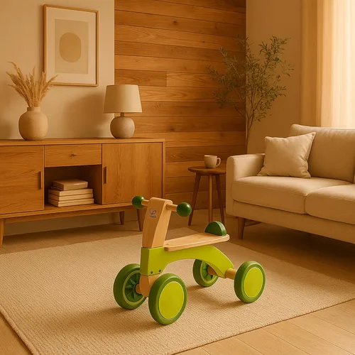 Vista 4 de Hape Scoot Around Ride On Bicicleta de madera Juguete galardonado de cuatro ruedas de madera para niños pequeños con ruedas de goma, verde