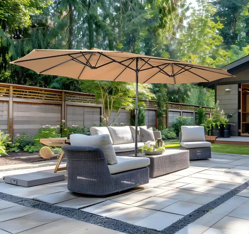 Vista 51 de Sombrilla de doble cara para patio de 15 x 9 pies con base y manivela, sombrilla rectangular extragrande para patio, césped y jardín, beige
