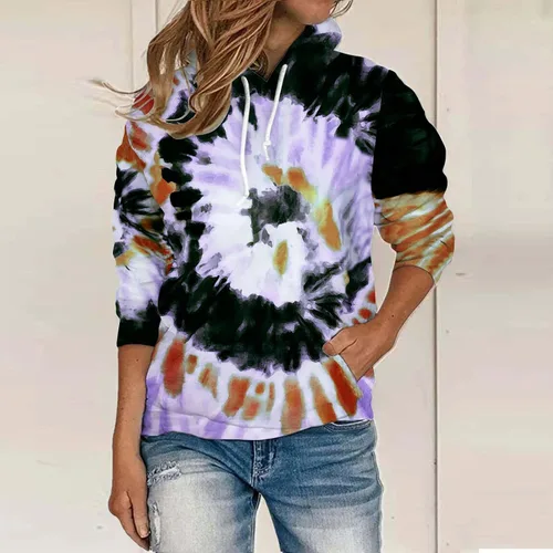 Vista 2 de Blusa de manga larga con capucha para mujer, con cordón, teñido anudado, holgada, ligera, con bolsillo