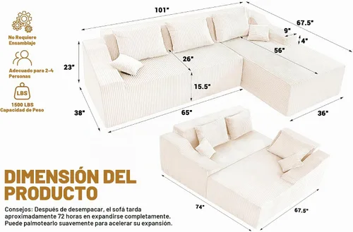Vista 2 de HABUTWAY Sofá modular modular de 101 pulgadas con asiento profundo, moderno sofá convertible en forma de L, sofá tapizado con diván para sala