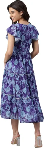 Vista 5 de Janasya Vestido occidental acampanado con estampado floral azul para mujer, Azul