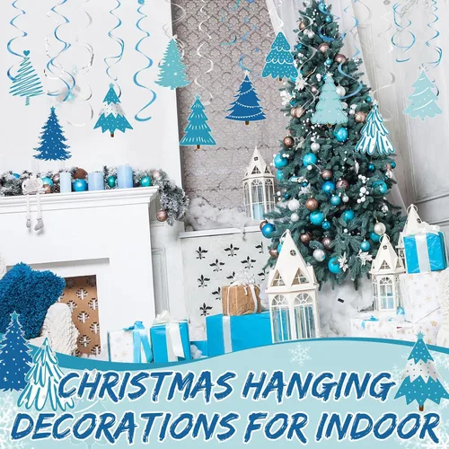 Vista 3 de Colarr Paquete de 50 remolinos colgantes de invierno para decoración de árbol azul, remolinos de techo, espirales en espiral, adornos para aula