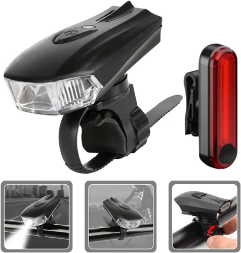 Vista 7 de Hemobllo Bike Light Kit USB Rechargeable Front Headlight and Red Rear Taillight Set Waterproof Bicycle Handlebar Lamp for Night Riding Outdoor