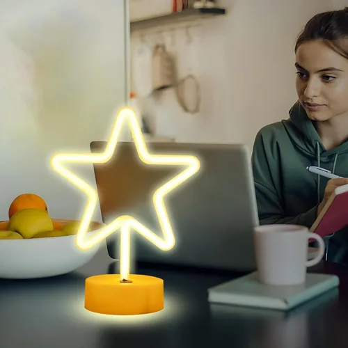 Vista 3 de ENUOLI Lámpara de luz LED de neón en forma de estrella blanca cálida con base, funciona con pilas y USB, letrero de neón LED en forma de estrella