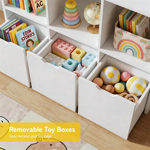 Vista 6 de Teckid Organizador de almacenamiento de juguetes con 3 cajones móviles y 5 cubos abiertos, estantería para niños y armario de almacenamiento