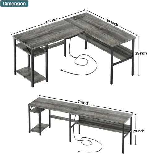 Vista 3 de Unikito Escritorio reversible en forma de L con tomas de corriente mágicas y puertos de carga USB, escritorio de esquina para computadora resistente